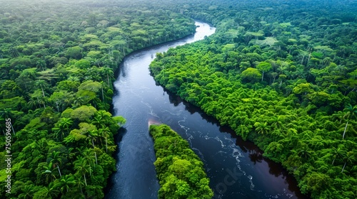Aerial View of Meandering River Flowing Through Lush Green Tropical Rainforest Landscape