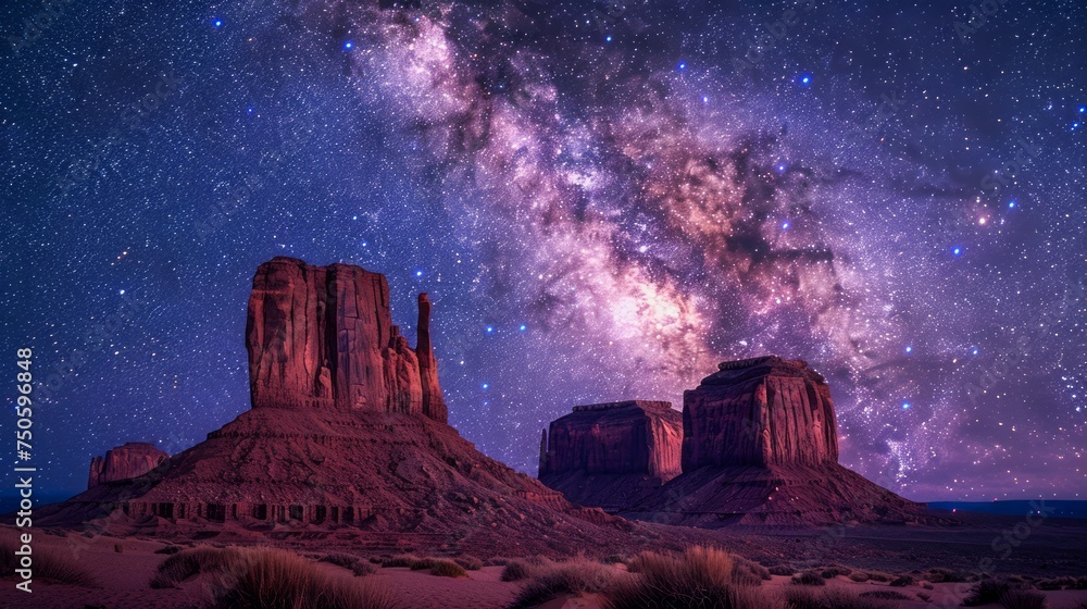 Majestic Night Sky with Milky Way Galaxy Over Monument Valley Sandstone Buttes Landscape