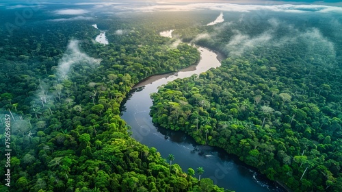 Aerial View of a Majestic Winding River Cutting Through the Dense Greenery of a Lush Rainforest Under a Misty Sky at Dawn