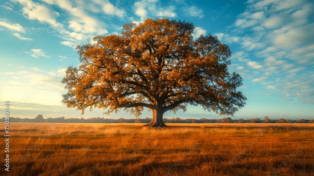 Majestic Lone Tree Standing Amidst Golden Field Under the Serene Sky at Sunset