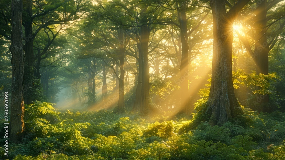 Enchanted Sunbeam Forest Scene with Lush Green Foliage and Majestic Trees in Misty Morning Light - Ethereal Woodland Landscape