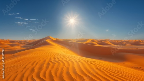 Breathtaking Sahara Desert Landscape with Vibrant Blue Sky and Glowing Sun Over Golden Sand Dunes
