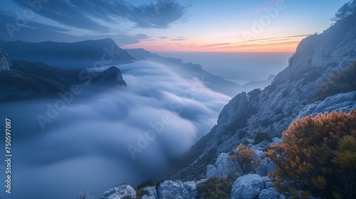 Breathtaking Mountain View with Flowing Fog at Sunset - Majestic Peaks and Colorful Sky