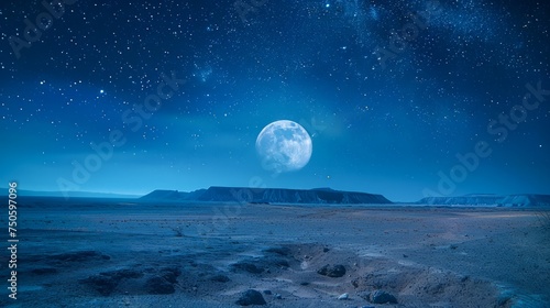 Majestic Full Moon Rising over Desert Landscape Under Starry Night Sky