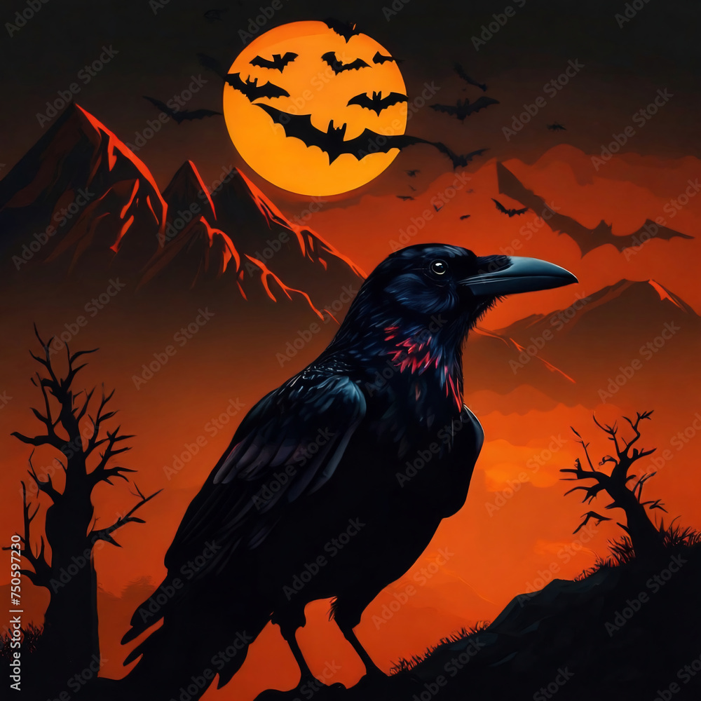 Fototapeta premium Silhouette of a crow at sunset against the mountain and flying bats. scary halloween wallpaper