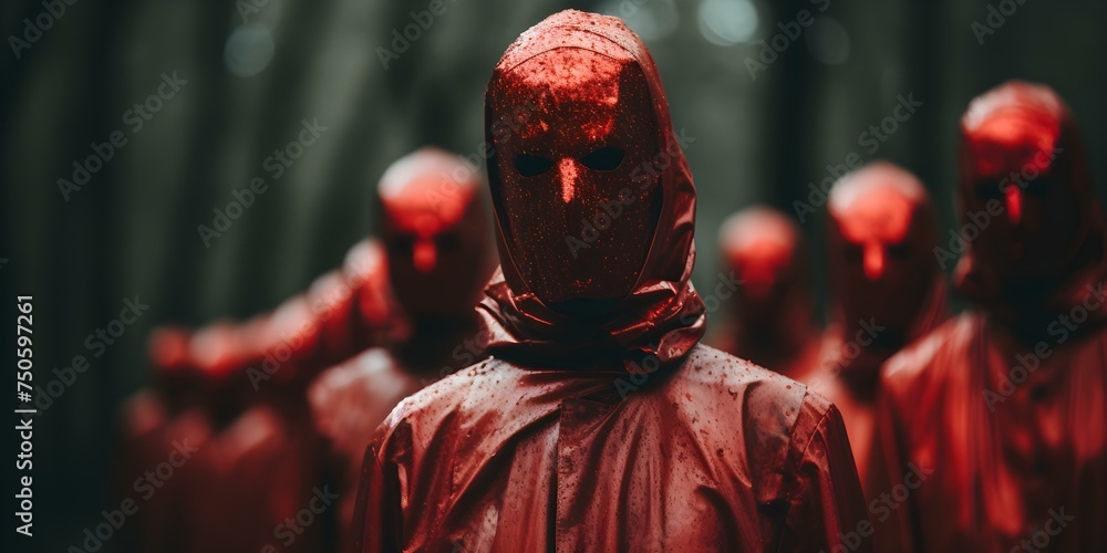 Cult members in red garments and redpainted faces led by their dark leader in landscape orientation digitally created. Concept Cult Members, Red Garments, Dark Leader, Digital Art - obrazy, fototapety, plakaty 