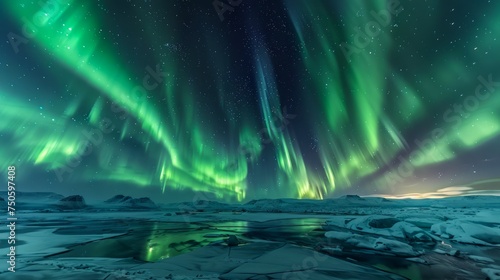Majestic Aurora Borealis Display Over Snow-Covered Landscape Under Starry Sky © pisan