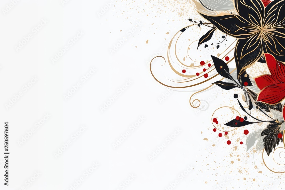 An artistic blend of flowers and swirling patterns with a splash of golden accents on a white canvas An artistic blend of flowers and swirling patterns with a splash of golden accents on a white canvas