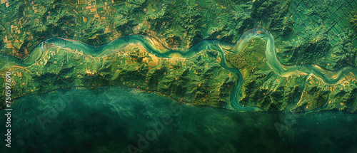 Banner of aerial satellite view of cultivated agricultural farming land fields with vivid green color as a typical Asia or countryside farmland village town with canal river  photo