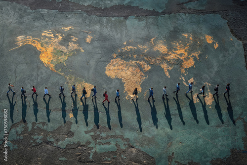 Top view of group of people casting long shadows over a map of the world, symbolizing unity and diversity Generative AI