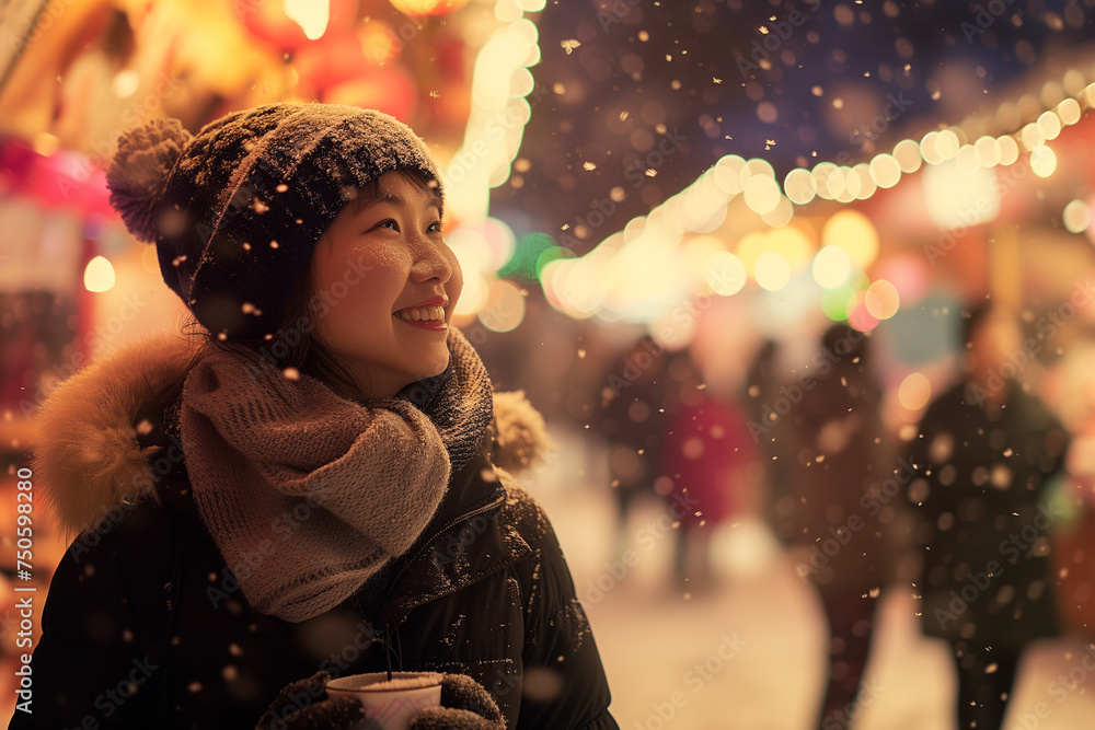 snowflakes gently fall, Travelers from the Asia Pacific region wander through the vibrant market stalls snowflakes gently fall, Travelers from the Asia Pacific region wander through the vibrant market stalls