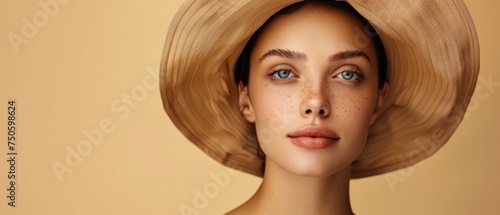 A woman with a serene expression poses in a wide-brimmed beige hat, her freckles adding character to her flawless skin. Simplicity of the backdrop accentuates her striking blue eyes and soft features.