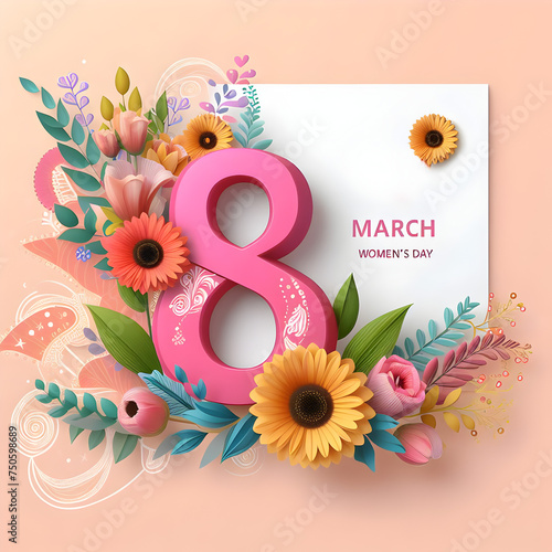 Illustration of number 8  and floral decoration for background and banner for 8th march women's day 