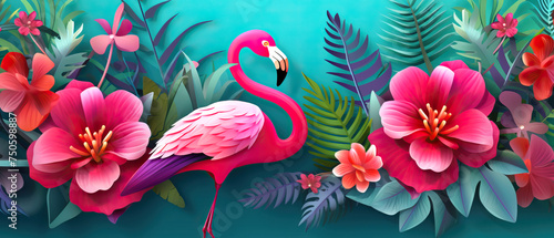 Flamingos amidst tropical flora on a blue background