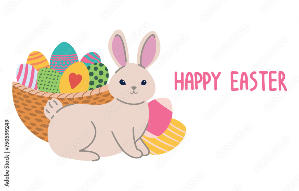 Happy Easter card, cute card with a bunny and a basket of painted eggs. holiday gift card Happy Easter card, cute card with a bunny and a basket of painted eggs. holiday gift card