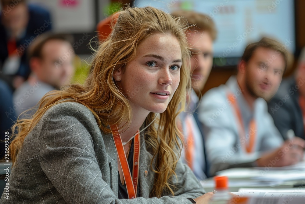 A woman with long hair is sitting at a table with other people A woman with long hair is sitting at a table with other people