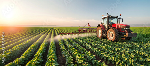 Tractor spraying crops at sunset on a vast farm field. Generative AI image photo