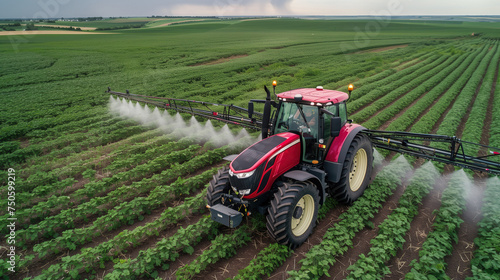 Modern tractor spraying crops in vast farm field. Generative AI image photo