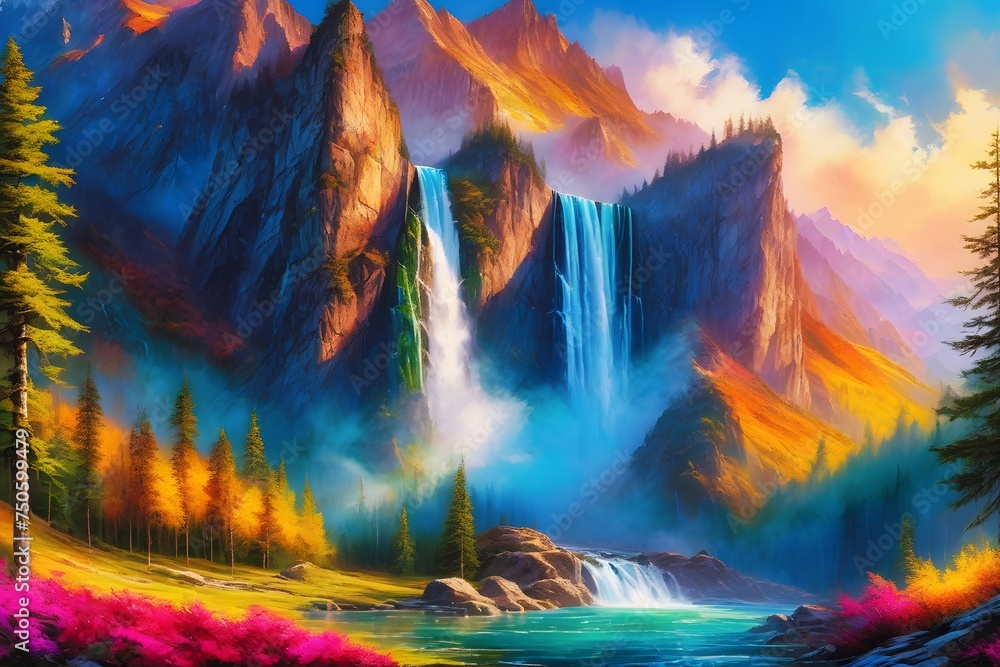 Colorful Landscape, Mountains and Waterfall (JPG 300Dpi 10800x7200)