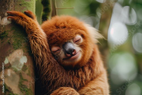 Sleepy sloth clinging to a tree branch. Generative AI image photo