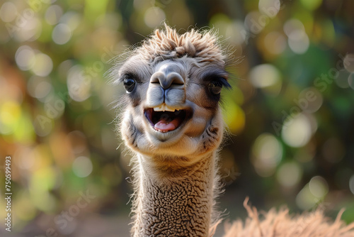 Smiling alpaca portrait with blurred background. Generative AI image photo