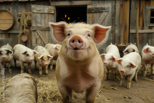 Smiling pig with a herd in a rustic barnyard. Generative AI image photo
