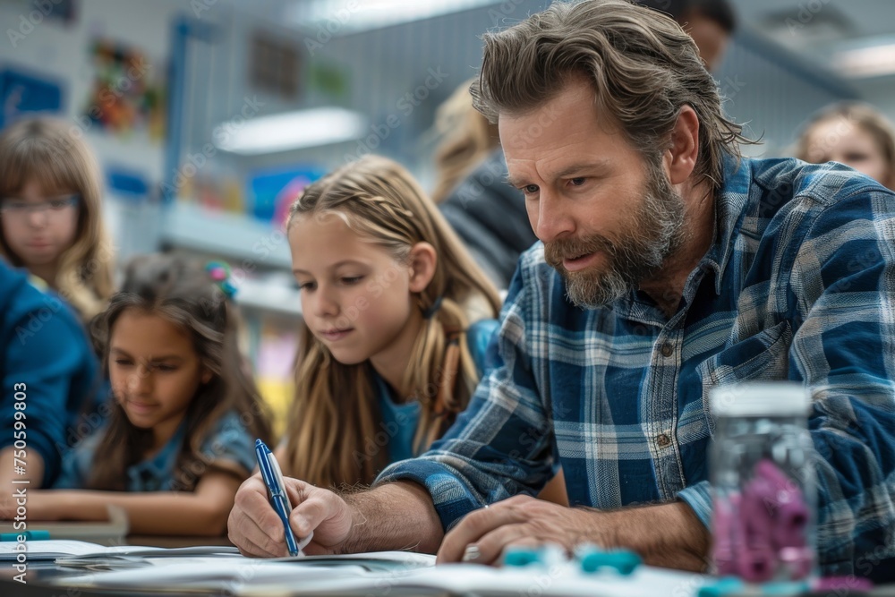 Obraz premium A man is writing on a piece of paper while three young girls look on