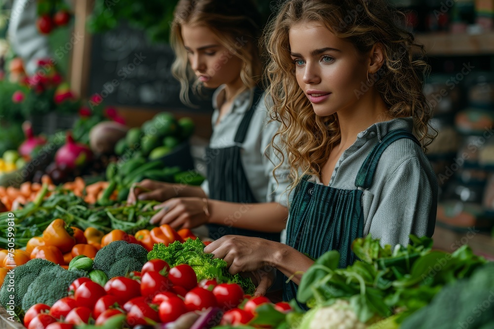 Two women are working at a vegetable stand, one of them is wearing a green apron Two women are working at a vegetable stand, one of them is wearing a green apron