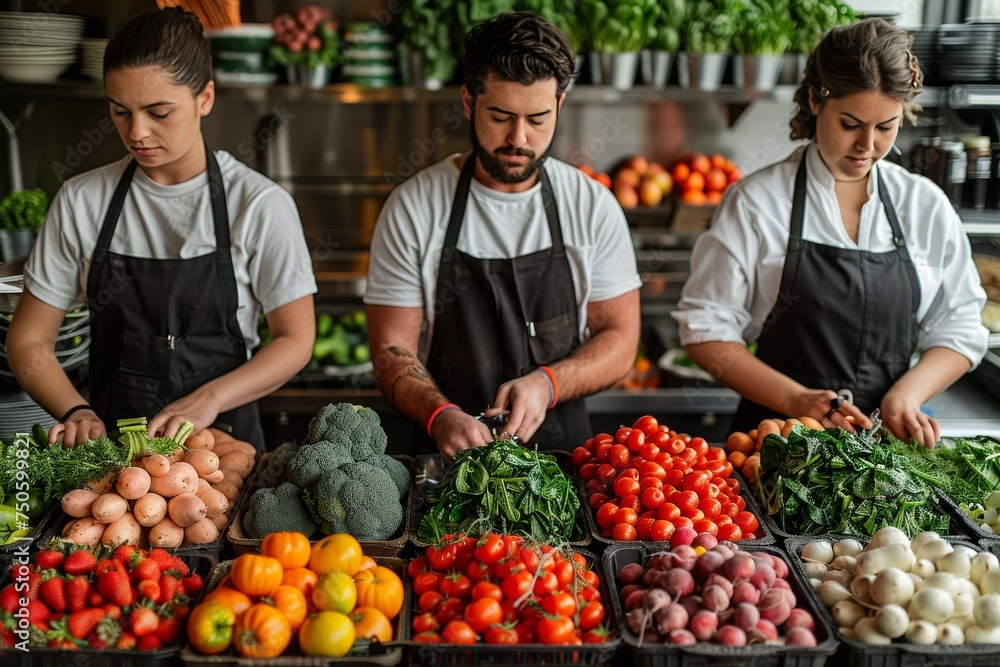 Three people are working in a kitchen, preparing vegetables