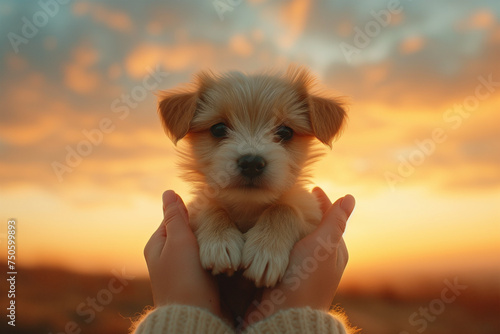 Adorable puppy held in hands at sunset. Generative AI image photo