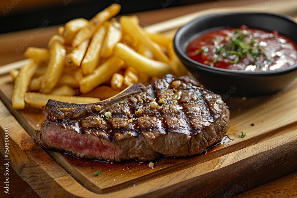 Sliced steak and french fries on a wooden cutting board