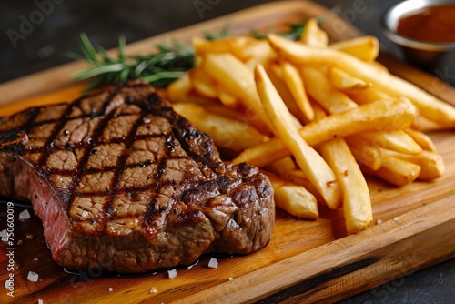 Sliced steak and french fries on a wooden cutting board