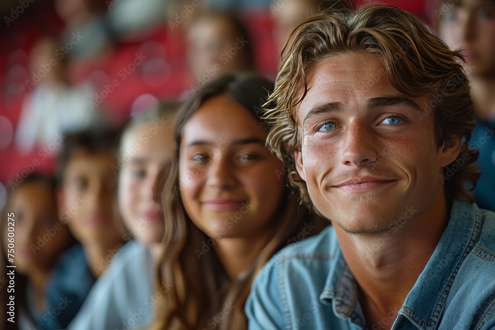 A group of people are sitting in a row, with a man in the middle smiling A group of people are sitting in a row, with a man in the middle smiling