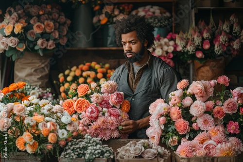 A man stands in front of a flower stand with a variety of flowers