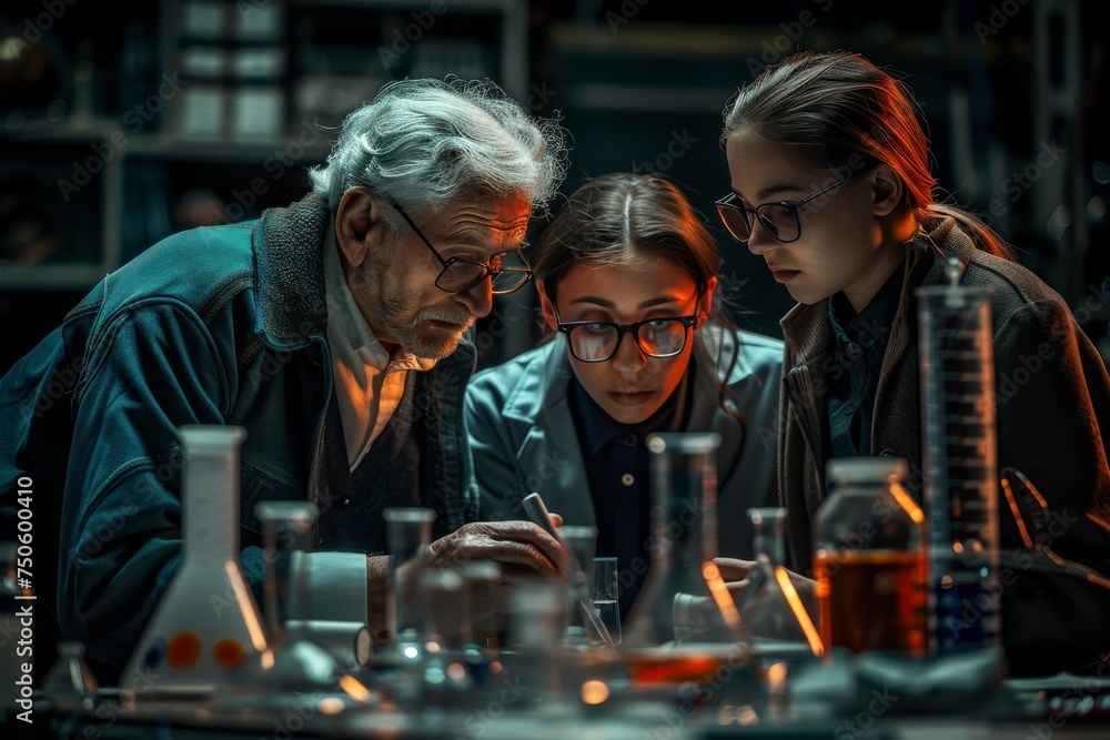 Three people are looking at a table full of scientific equipment