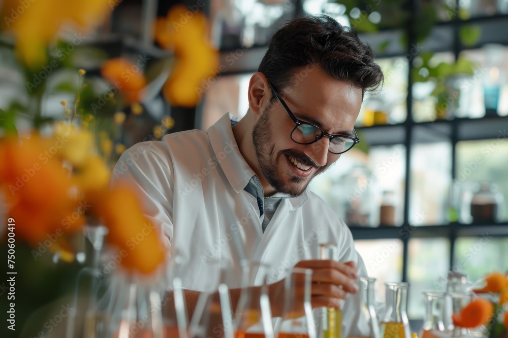 A man in a lab coat is smiling while working with a variety of glassware