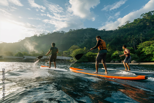 Asian athletes in natural landscapes with paddle surfboard © Kamonwan