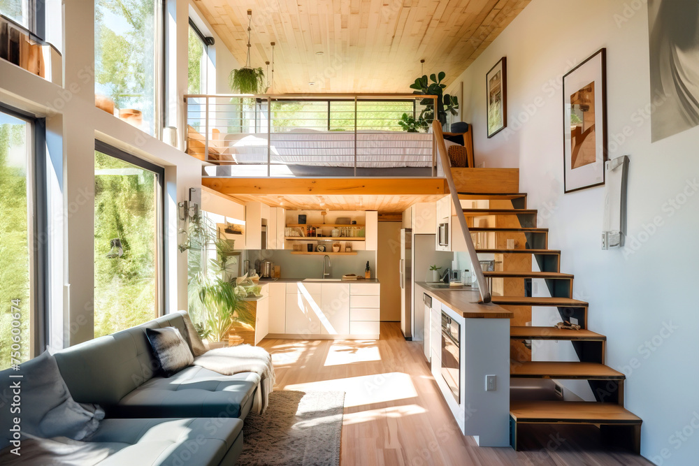 Living room with couch and stairs in a tiny house - obrazy, fototapety, plakaty 