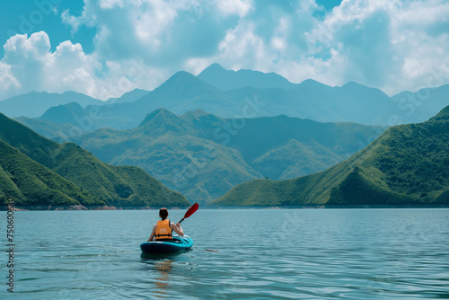 Asian athletes in natural landscapes canoeing