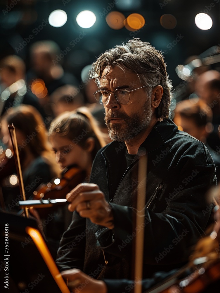 A man with glasses and a beard is playing a violin in front of a crowd A man with glasses and a beard is playing a violin in front of a crowd