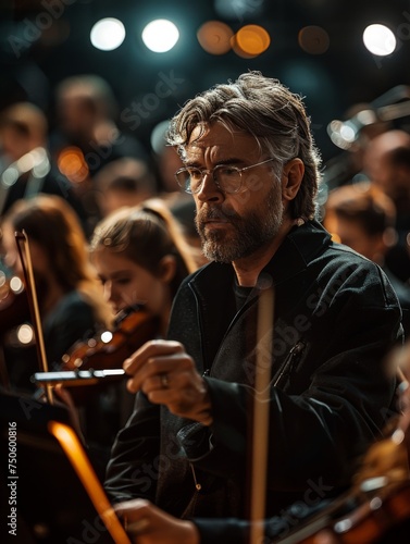 A man with glasses and a beard is playing a violin in front of a crowd