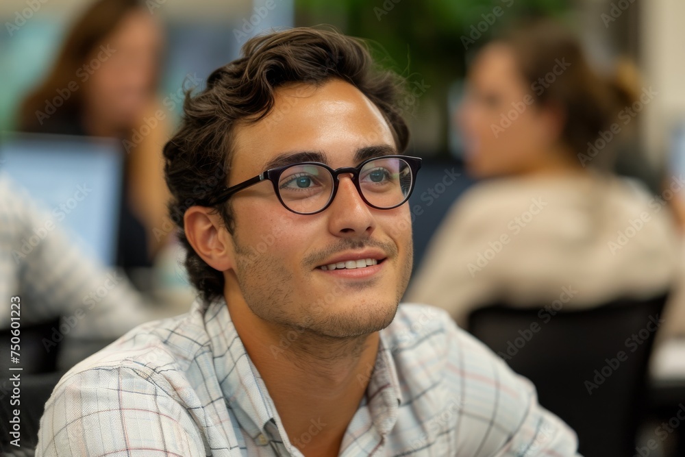 A man wearing glasses is smiling at the camera A man wearing glasses is smiling at the camera