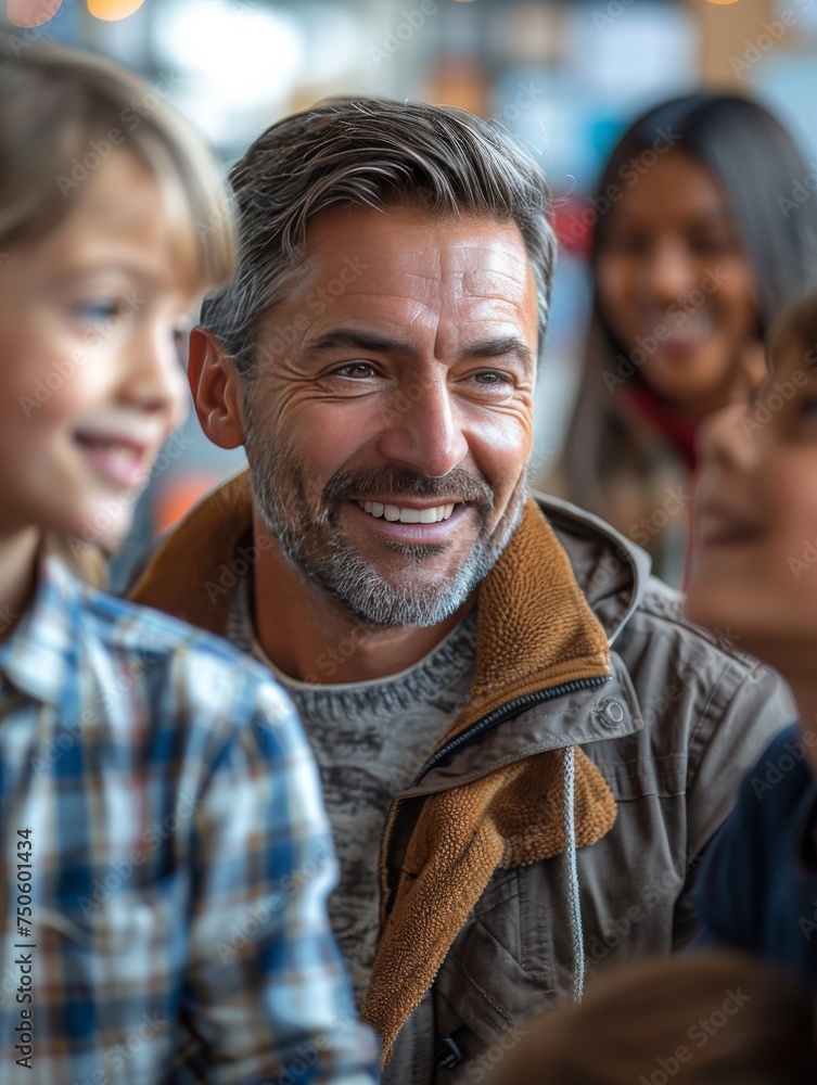 Fototapeta premium A man with a beard and gray hair is smiling at a group of children