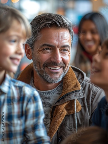 A man with a beard and gray hair is smiling at a group of children