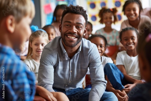 A man is smiling at a group of children