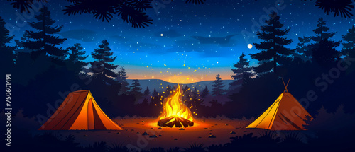 A campfire is lit in front of two tents in a forest © Toey Meaong
