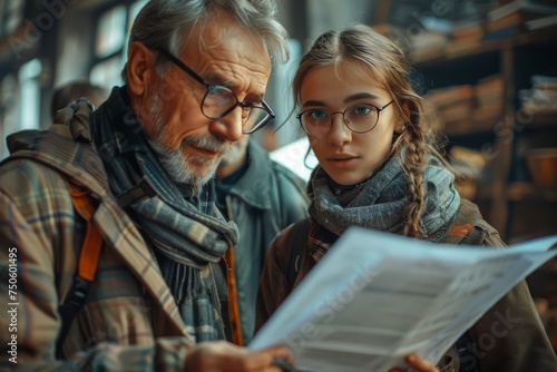 A man and a woman are looking at a piece of paper