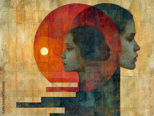Abstract Byzantine Style Portrait of Two Female Figures. Generative AI image