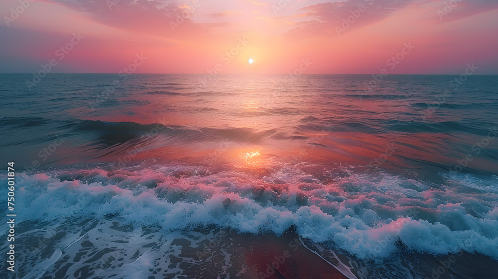 A photo featuring the first light of dawn painting the horizon with hues of pink and gold, captured from above the ocean waves with a drone. Highlighting the ethereal beauty of the sunrise and the end