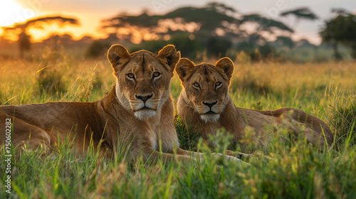 Photography Sunset Serenity with African Lions, two lions resting in the grass during a serene sunset in the African savannah